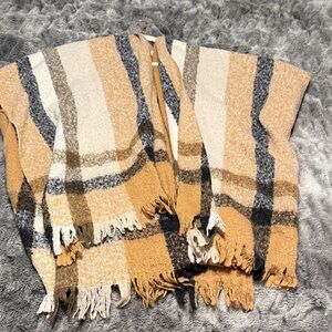 Nine West Plaid Fringe Poncho - Tan, Cream, and Black
